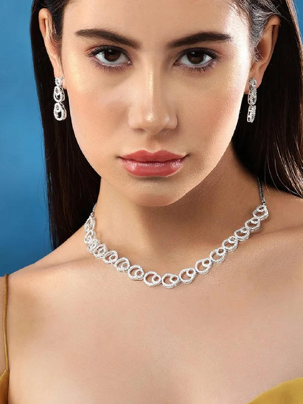 Rubans Rhodium-Plated Premium Zircons Studded Patterned Evening Party Wear Jewellery Set