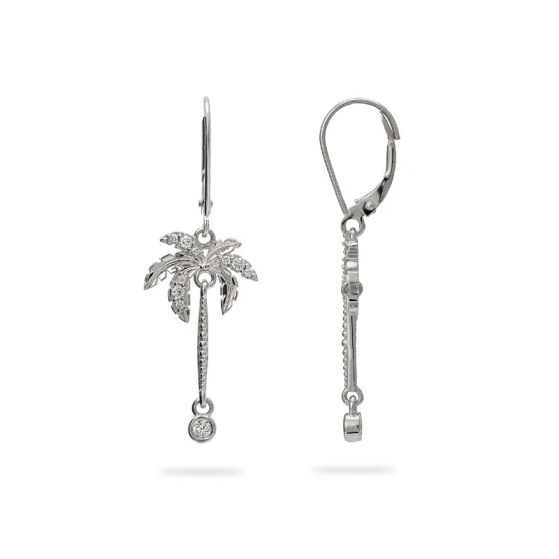 Paradise Palms - Palm Tree Earrings in White Gold with Diamonds - 24mm