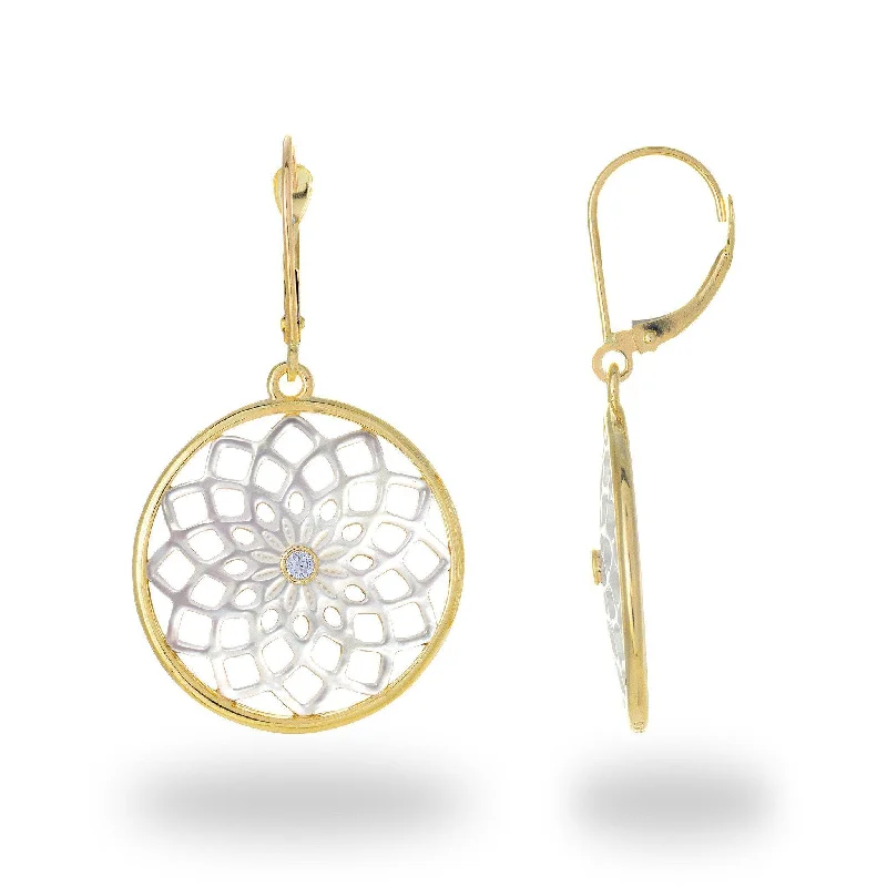 Protea Mother of Pearl Earrings in Gold with Diamonds - 22mm