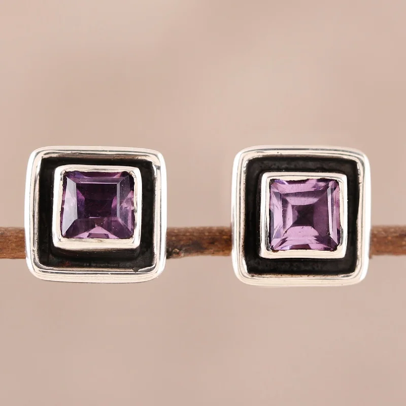 Regal Frame Square Amethyst Stud Earrings from India