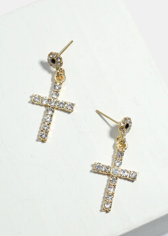 Rhinestone-Studded Cross Dangle Earrings