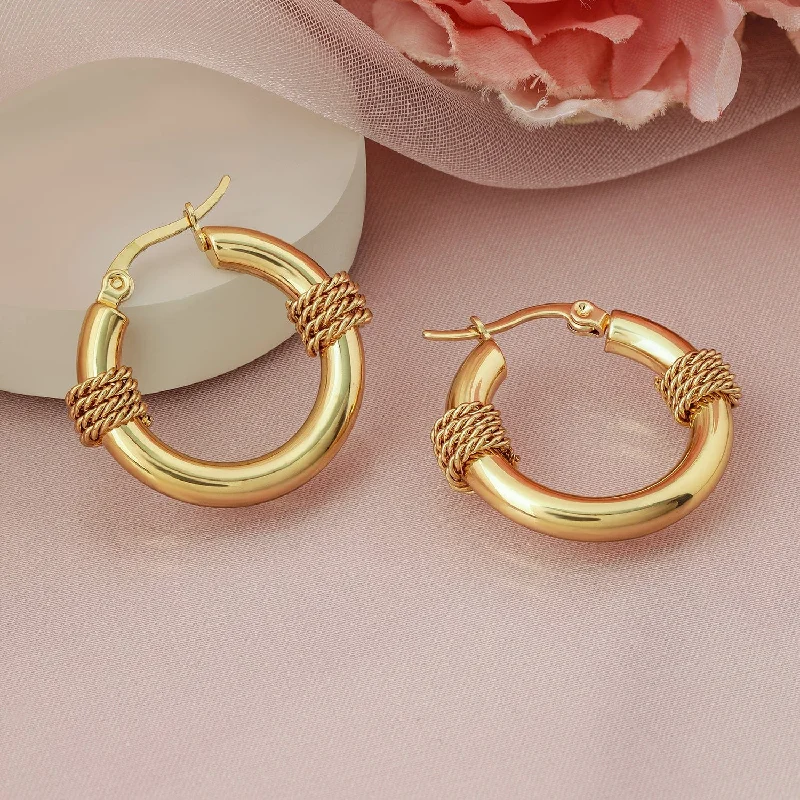 Rubans 18K Gold Plated Stainless Steel Tarnish-Free Waterproof Rope Accent Hoop Earrings