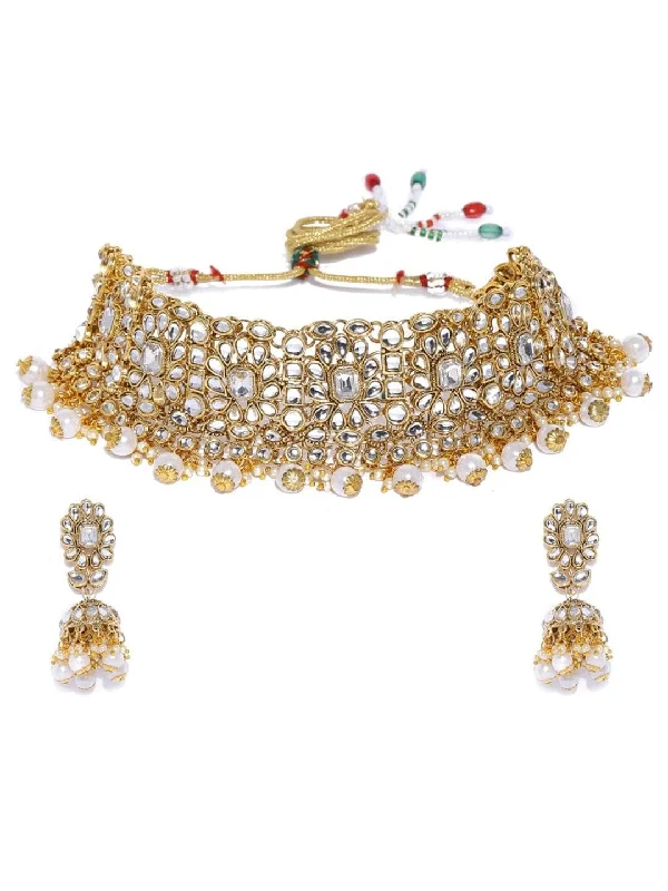 Rubans Gold-Plated White AD-Studded & Pearl Beaded Handcrafted Jewellery Set