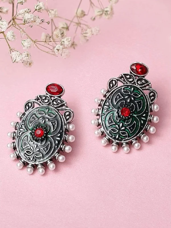 Rubans  Silver Plated Oxidised Handcrafted Enamel Stud Earrings