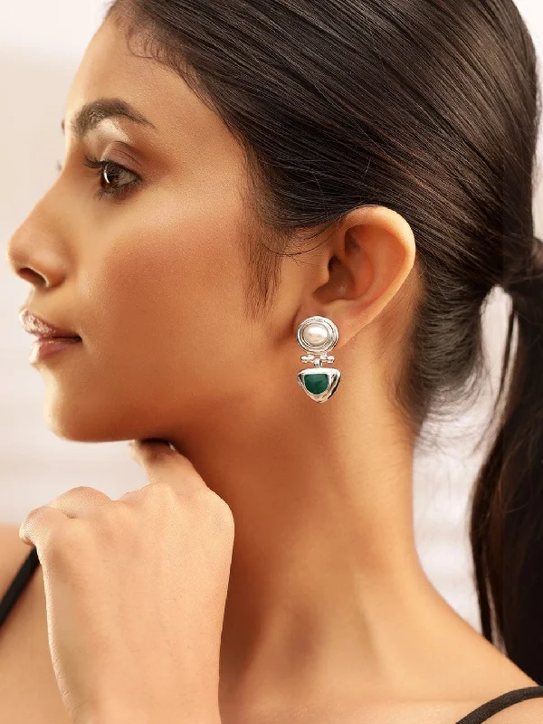 Rubans Rhodium-Plated Statement Stud Earrings with Green Stone & Pearl Detailing