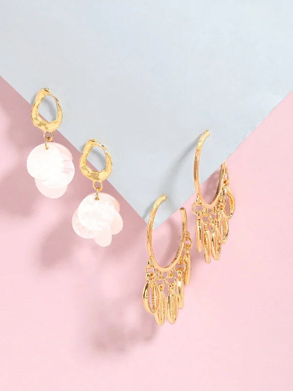 Rubans Voguish Set of 2, Gold Toned Shell Beaded Hoop & White Mother of Pearl Dangler Earrings.