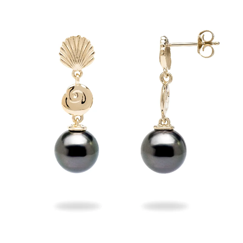 Seashells Tahitian Black Pearl Earrings in Gold - 9-10mm