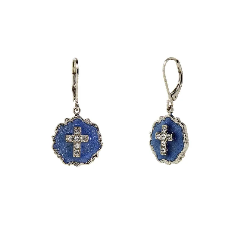 Symbols of Faith Blue Enamel Crystal Cross Round Earrings