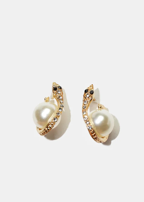 Sparkly Snake & Pearl Stud Earrings