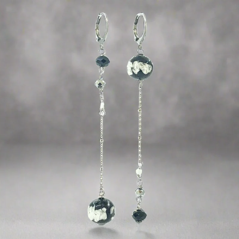 STST Black & White Murano Glass Bead Inside Out Dangle Earrings