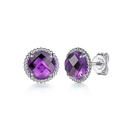 SS 10mm Round Faceted Amethyst Earrings