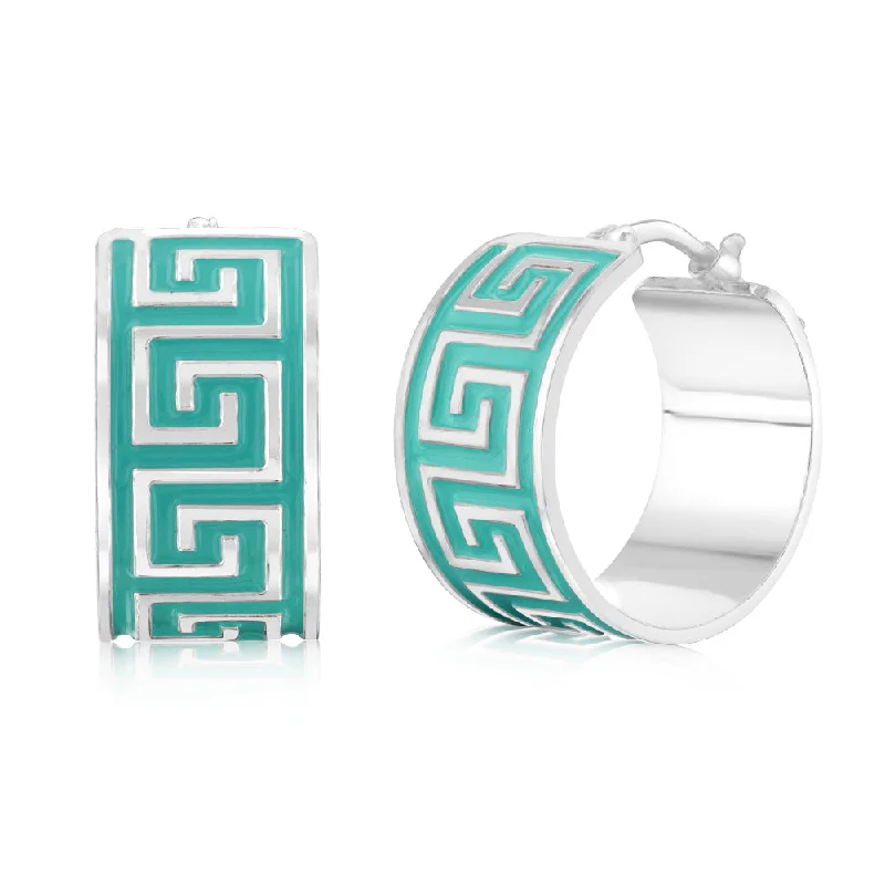 Sterling Silver Aqua Enamel Greek Key Wide 18mm Hoop Earrings