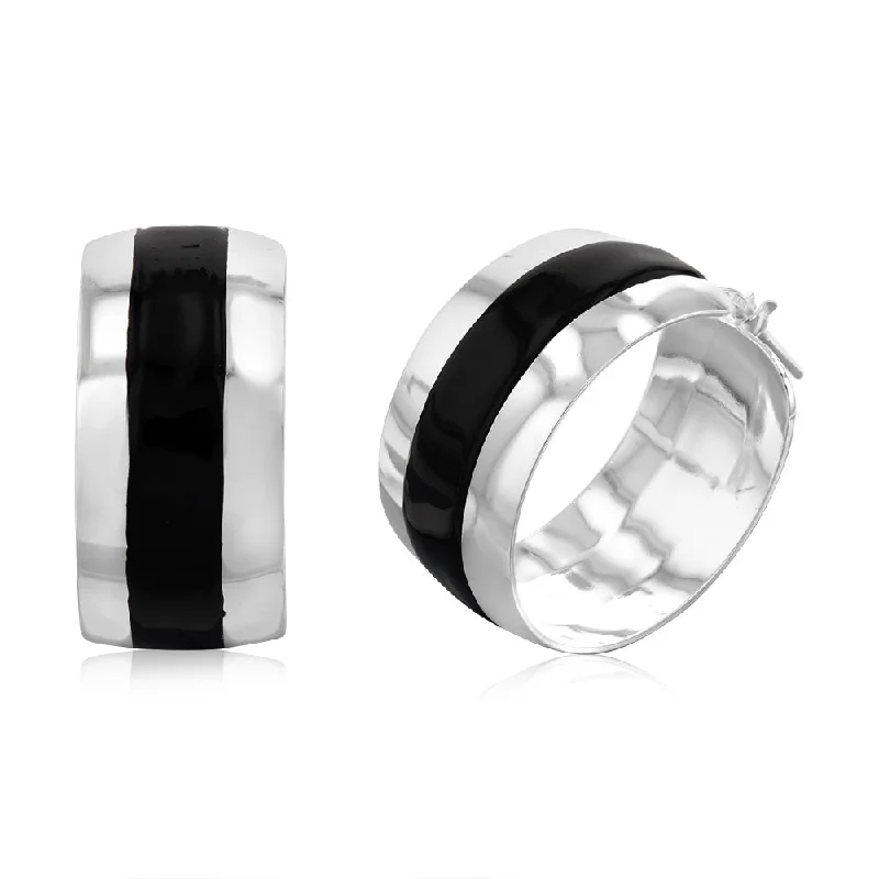 Sterling Silver Black Enamel On Broad 23mm Hoop Earrings