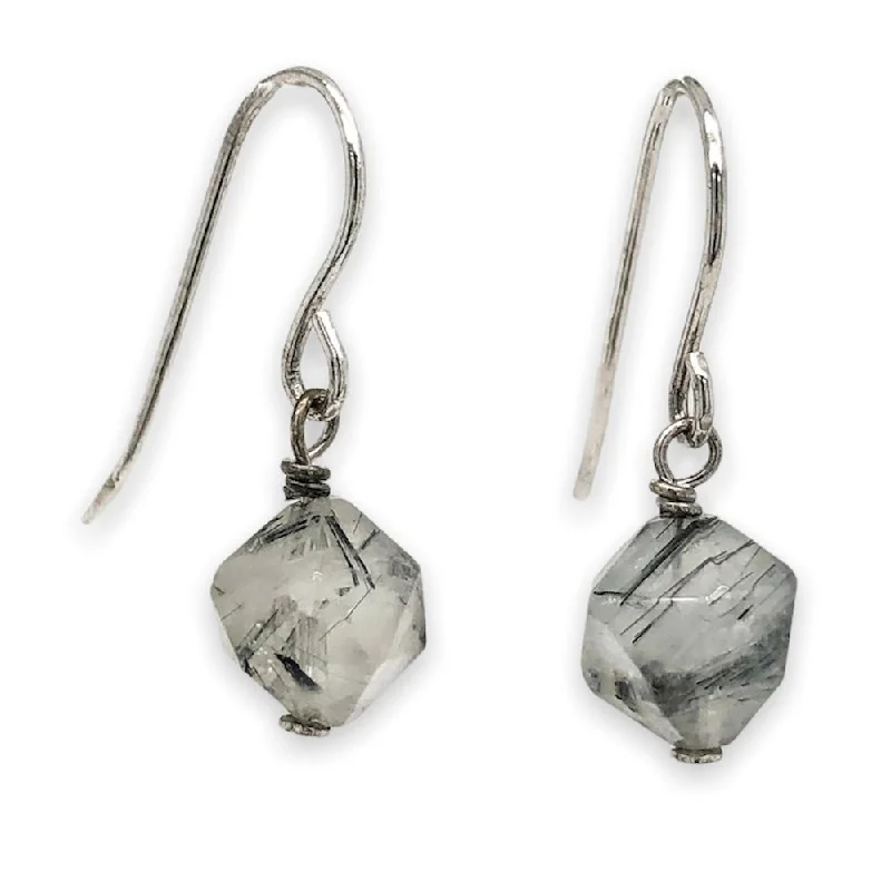 SS Faceted Black Rutilated Quartz Dangle Earrings