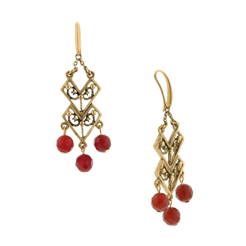 T.R.U. Matte Antique Gold Carnelian Chevron Round Faceted Carnelian Bead Dangling Earrings