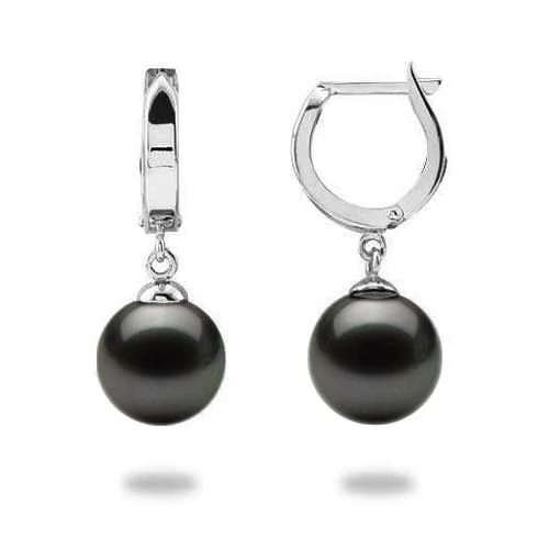 Tahitian Black Pearl Earrings in White Gold - 9-10mm