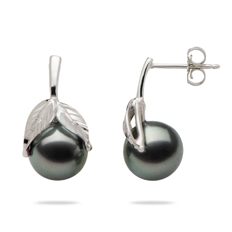 Maile Tahitian Black Pearl Earrings in White Gold - 9-10mm