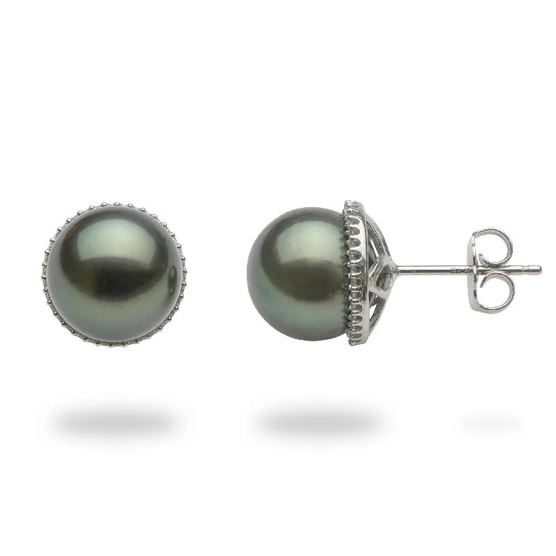 Tahitian Black Pearl Earrings in White Gold with Diamonds - 9-10mm