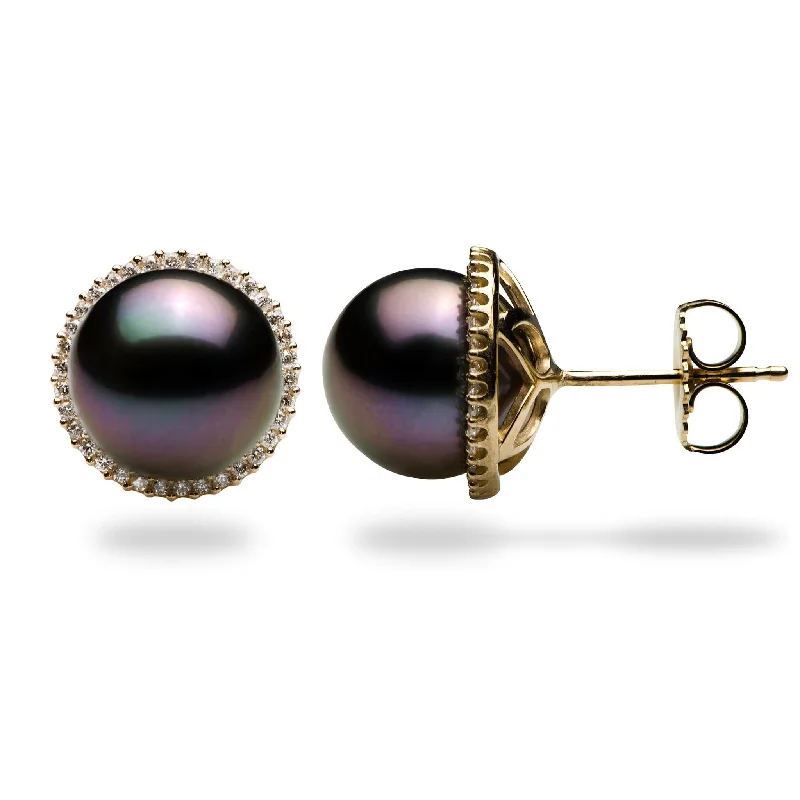 Halo Tahitian Black Pearl Earrings in Gold with Diamonds - 10-11mm