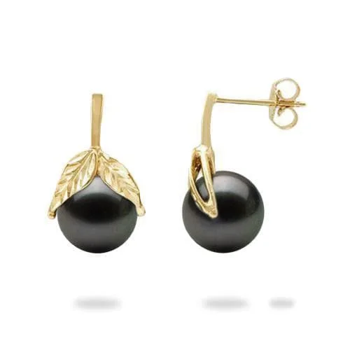 Maile Tahitian Black Pearl Earrings in Gold - 9-10mm