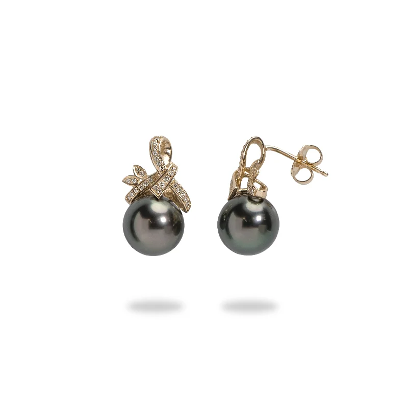 Tahitian Black Pearl Earrings in Gold with Diamonds - 9-10mm