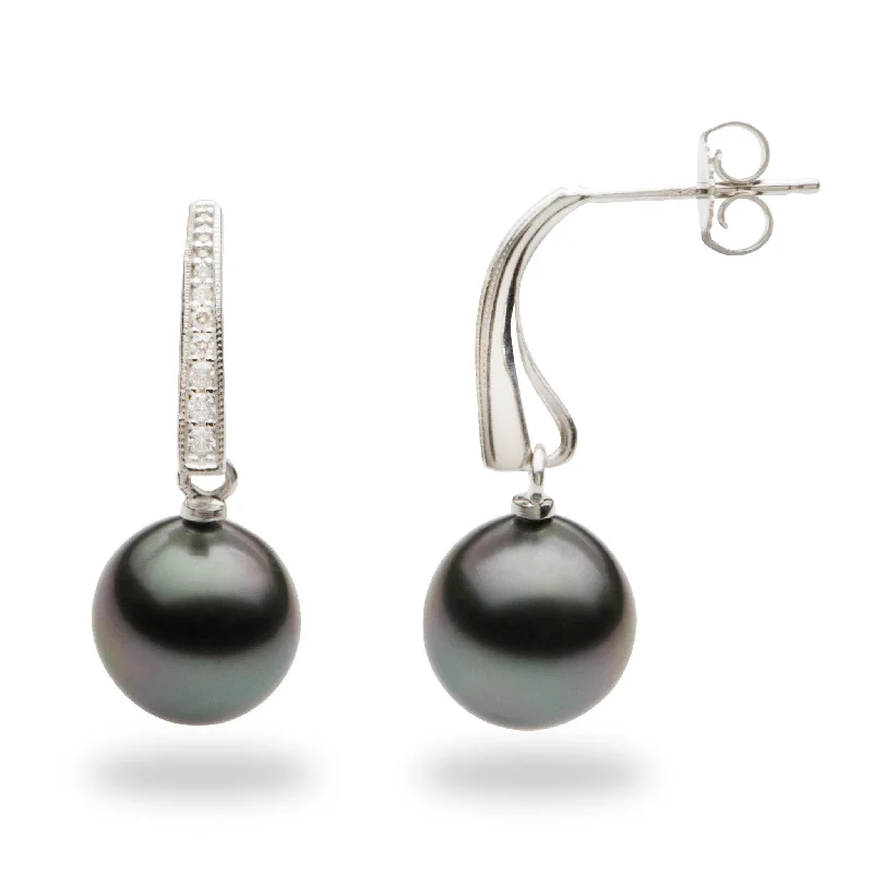 Tahitian Black Pearl Earrings in White Gold with Diamonds - 9-10mm