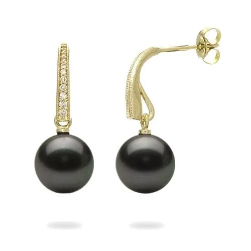 Tahitian Black Pearl Earrings in Gold with Diamonds - 9-10mm