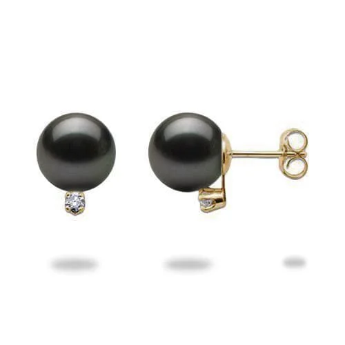 Tahitian Black Pearl Earrings in Gold with Diamonds - 9-10mm