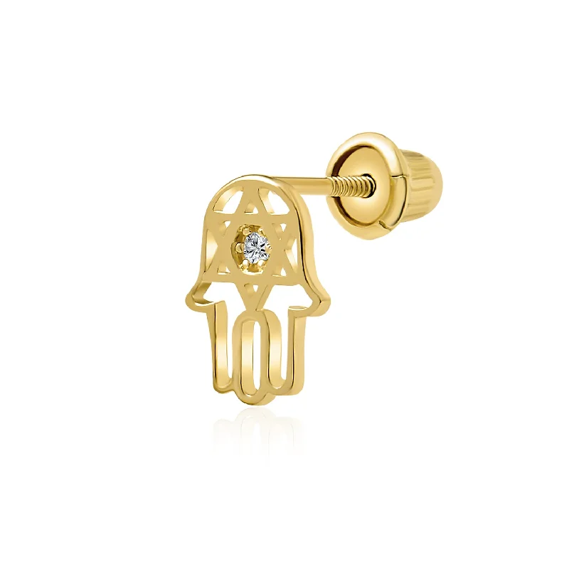 Tiny Petite Judaic Cartilage Ear Stud CZ Accent 14K Gold Hamsa Star of David Earring