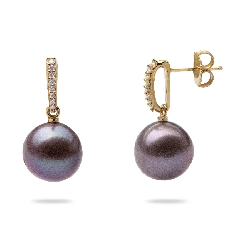 Ultraviolet Freshwater Pearl Earrings in Gold with Diamonds - 11-12mm