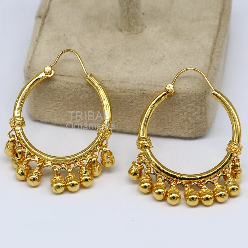 Vintage antique design handmade 925 sterling silver gorgeous gold polished hoops boho earrings bali with bells tribal Banjara jewelry s1147