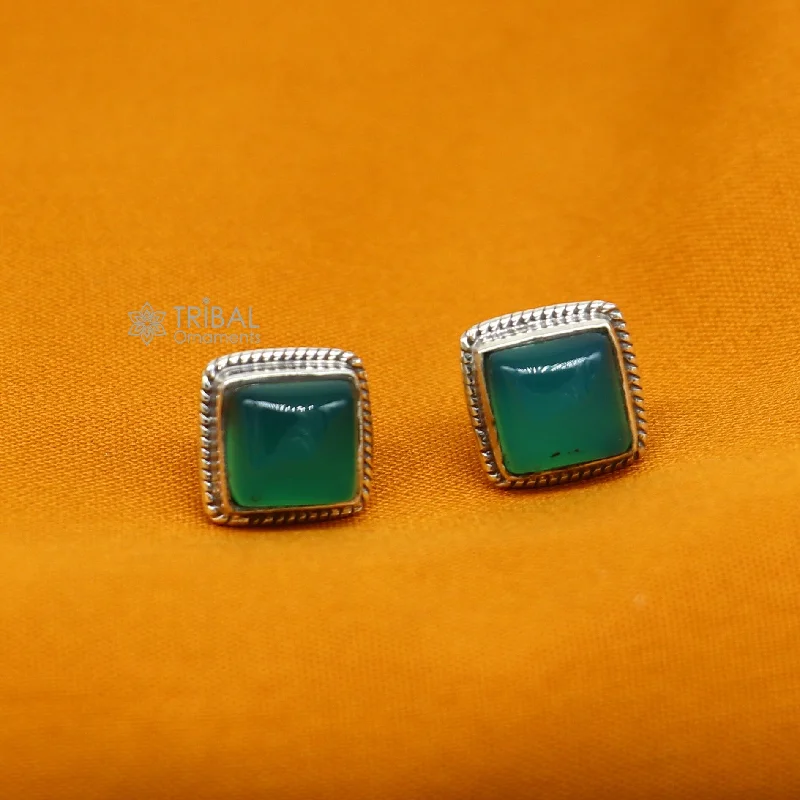 10MM 925 sterling silver fabulous green onyx stone square shape stud earrings, best unisex jewelry fancy earrings daily use jewelry s1225