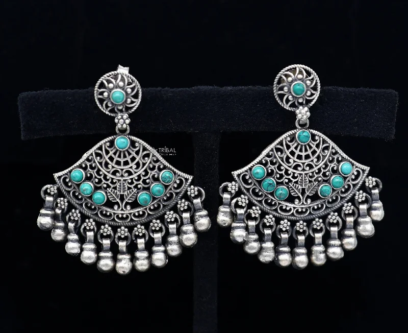 925 sterling silver handmade floral design turquoise stone stud earrings with hanging bells Ghungroo ethnic brides functional jewelry s1234