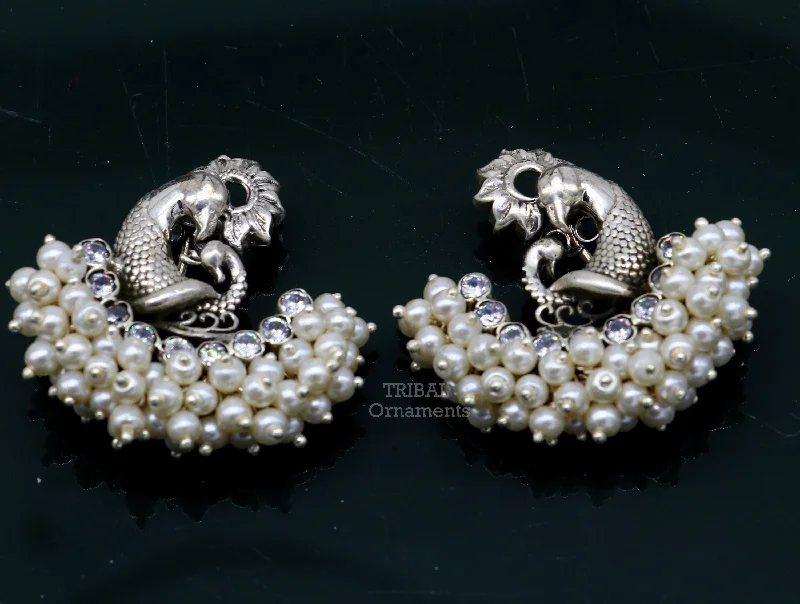 925 sterling silver handmade gorgeous peacock design stud earring with gorgeous cut stone and pearl customized earring tribal jewelry s1033