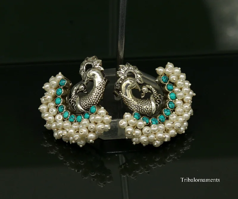 925 sterling silver handmade gorgeous peacock design stud earring with gorgeous turquoise and pearl customized earring tribal jewelry s858