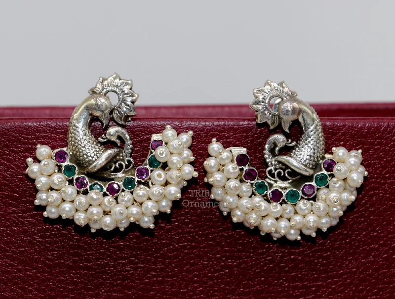 925 sterling silver handmade peacock design stud earring gorgeous multi color cut stone and pearl customized earring tribal jewelry s1035