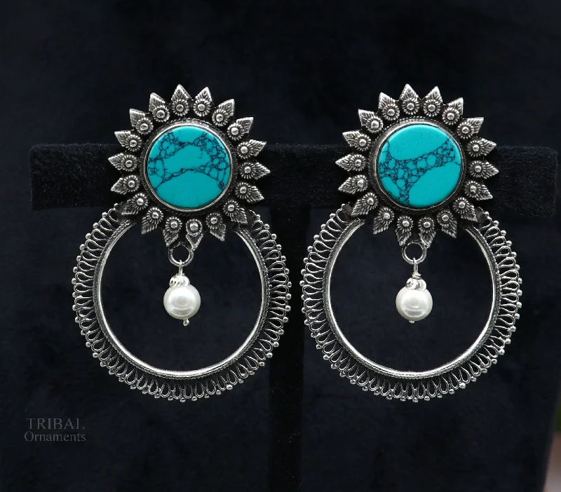 925 sterling silver handmade stud earring, stylish turquoise stone chandbali earring, best wedding jewelry brides gifting earrings ear1141