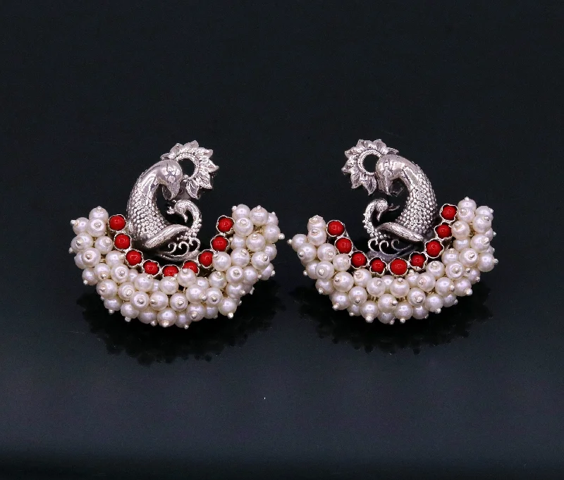 925 sterling silver handmade vintage antique design peacock stud earring fabulous hanging pearl and red coral stone earring jewelry s705