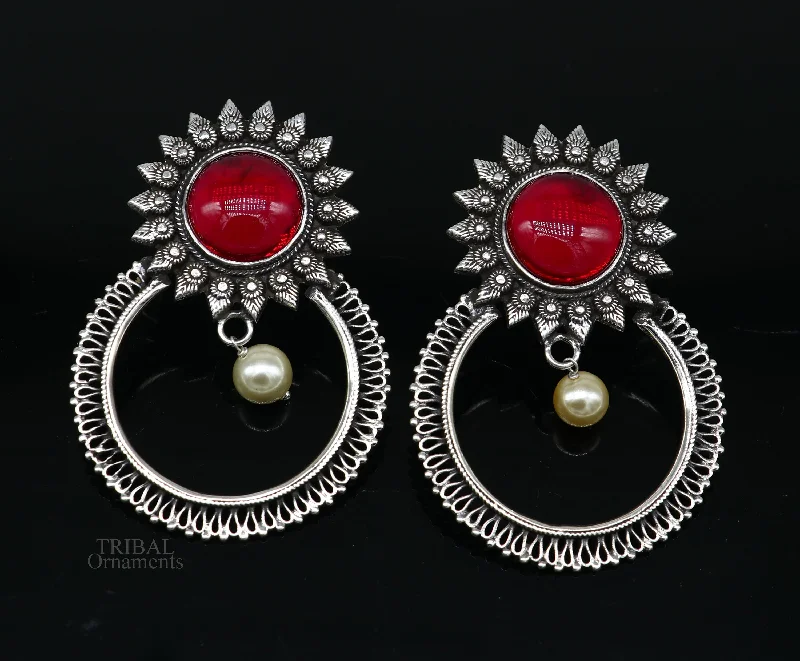 925 sterling silver traditional style handmade fabulous red glossy stone Stud earrings tribal ethnic style earring ear1149