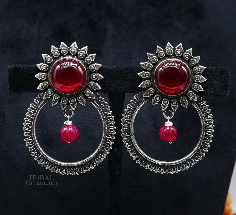 925 sterling silver traditional style handmade fabulous red glossy stone Stud earrings tribal ethnic style earring ear1150