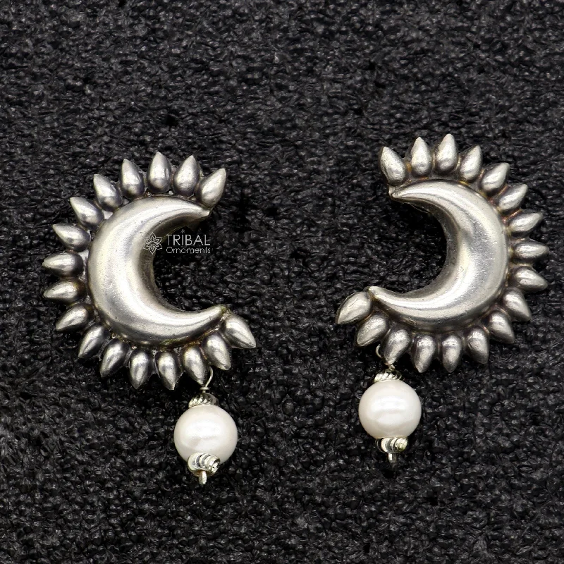 Handmade vintage design 925 sterling silver fabulous half moon style stud earrings with fabulous hanging pearl stud earring jewelry s1297