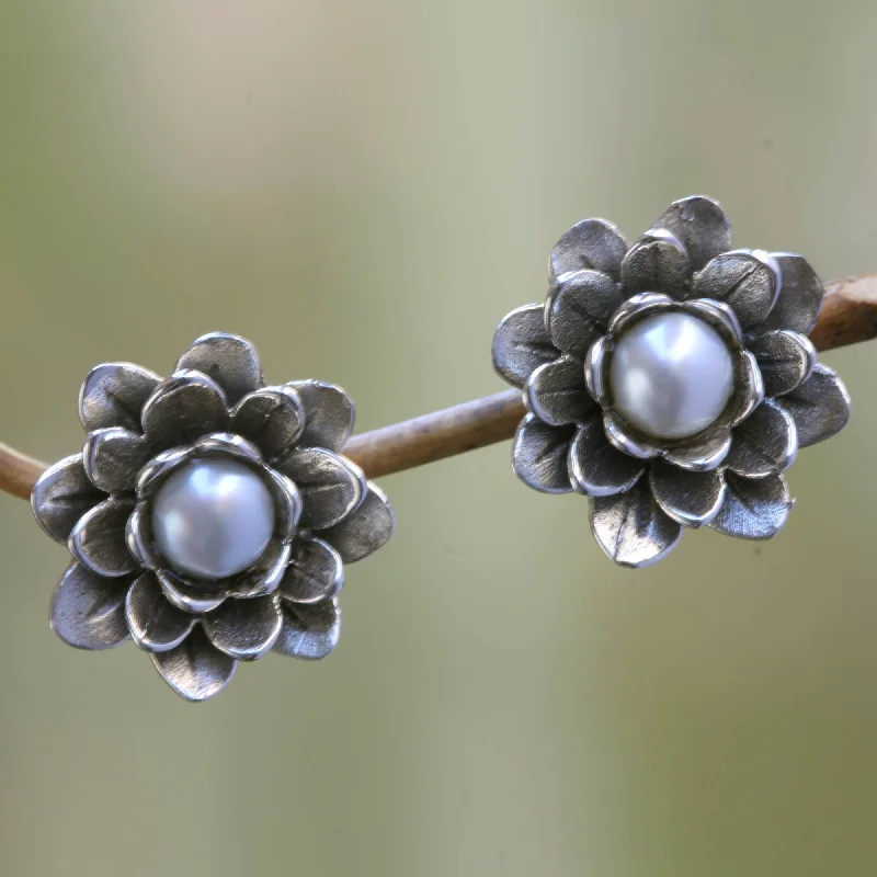 Sterling Silver Pearl & Lotus Flower Stud Earrings