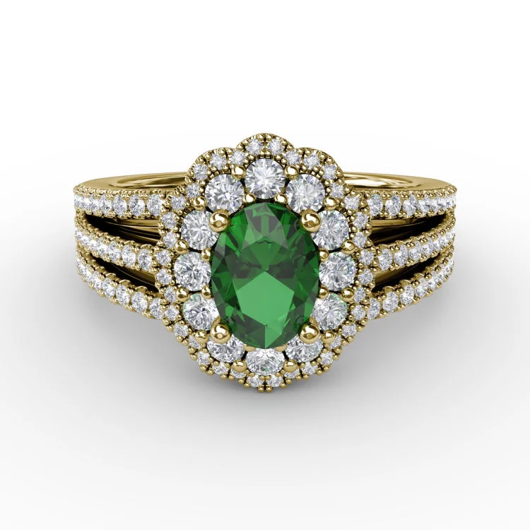 Emerald and Diamond Triple Row Split Shank Ring