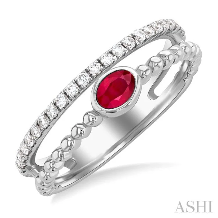 4X3MM Oval Shape Ruby and 1/5 ctw Single Cut Diamonds Precious Fashion Split Twin Ring in 10K White Gold