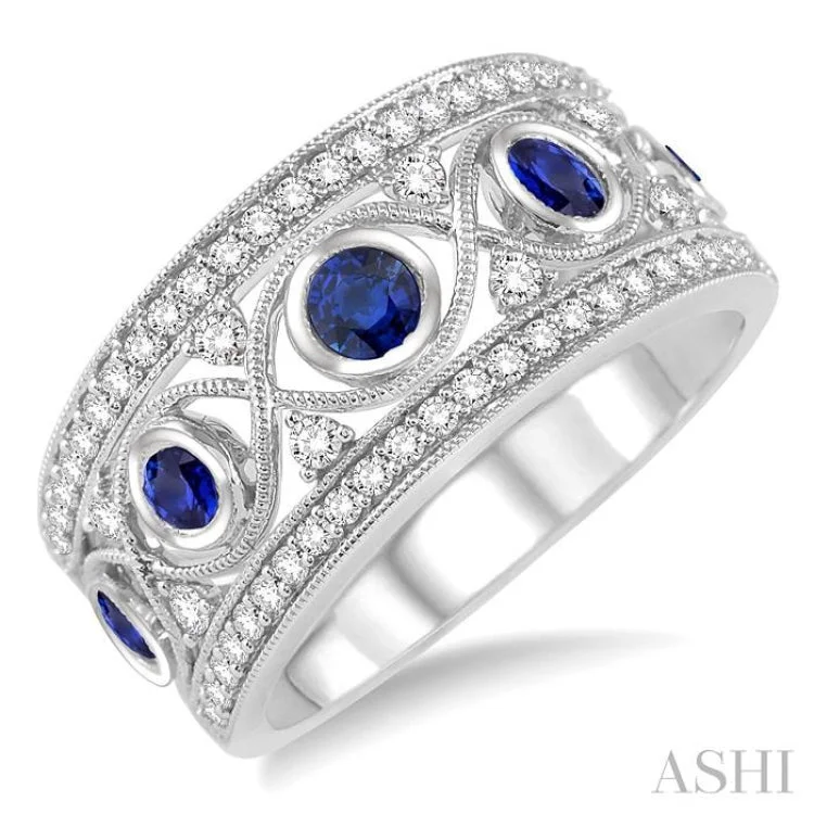 2.6 mm Round Cut Sapphire and 1/2 Ctw Round Cut Diamond Precious Band in 14K White Gold