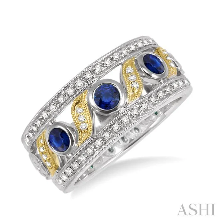 3x3MM Round Cut Sapphire and 1/6 Ctw Round Cut Diamond Precious Fashion Ring in 14K White and Yellow Gold