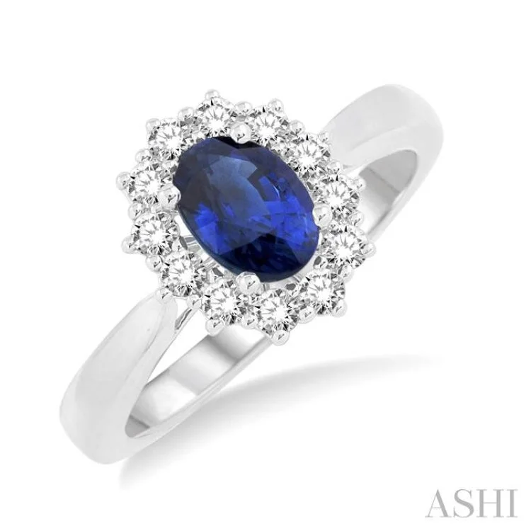 7X5mm Oval Shape Sapphire and 1/3 Ctw Round Cut Diamond Precious Ring in 14K White Gold