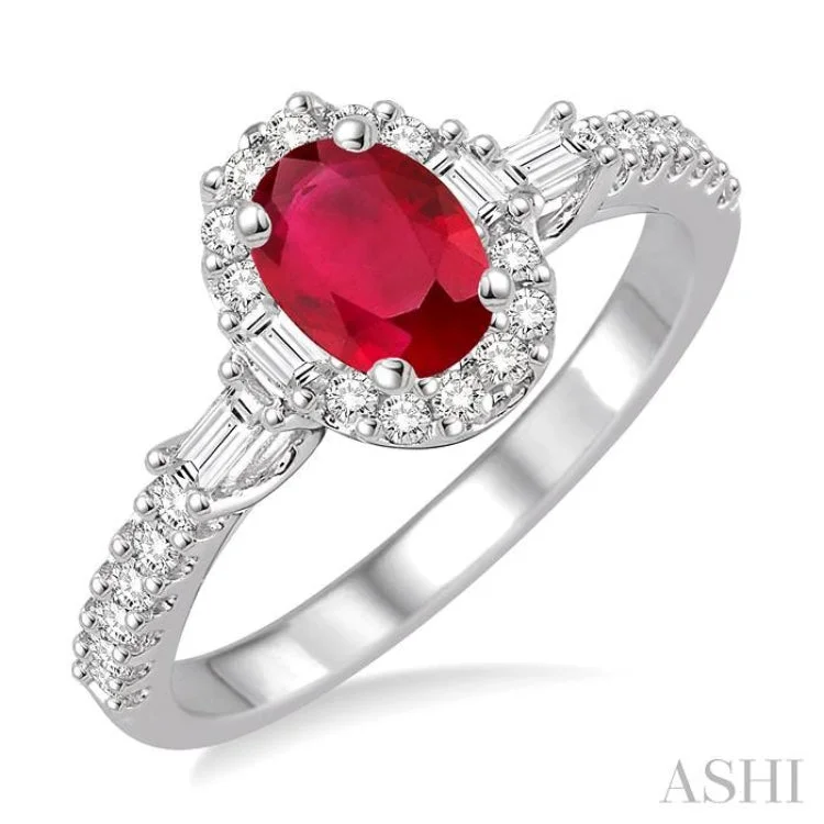 6x4 MM Oval Shape Ruby and 3/8 Ctw Diamond Precious Ring in 14K White Gold