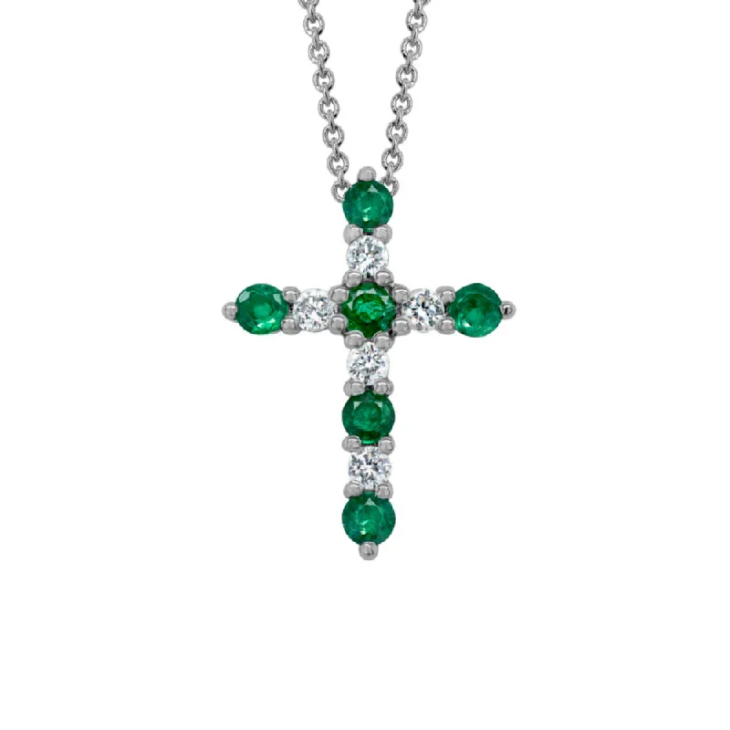 14k Emerald and Diamond Cross Pendant Necklace