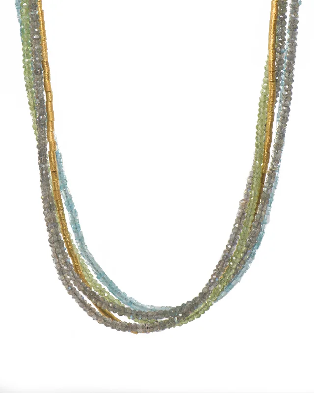 Multi Strand Labradorite, Peridot, Apatite and Gold Tube Necklace 24K Fair Trade Gold Vermeil